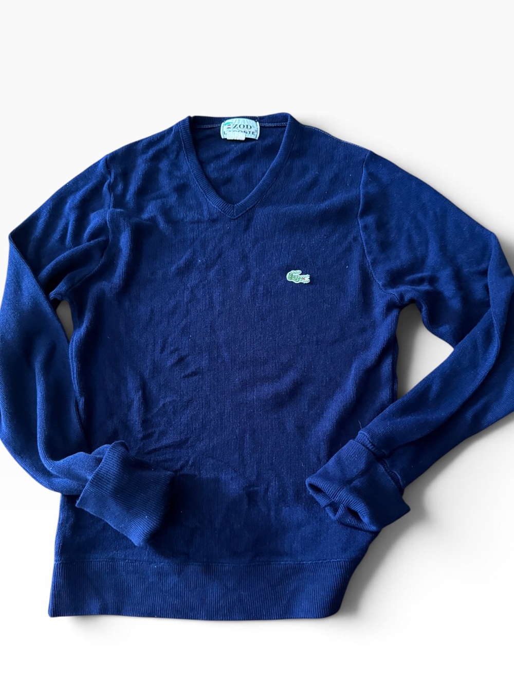 Vintage Lacoste Men's V-Neck Sweater in Deep Blue with Green Logo S